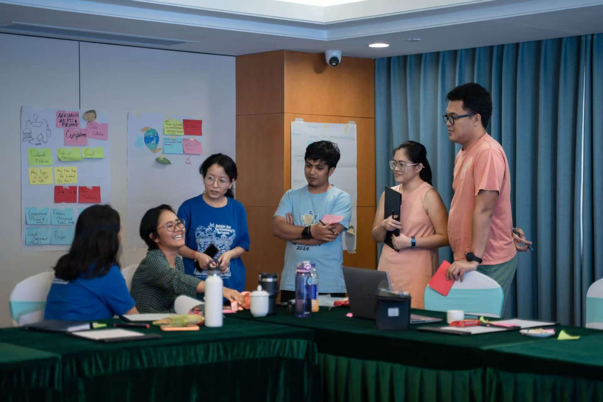 Group brainstorming session with whiteboards and collaborative discussion